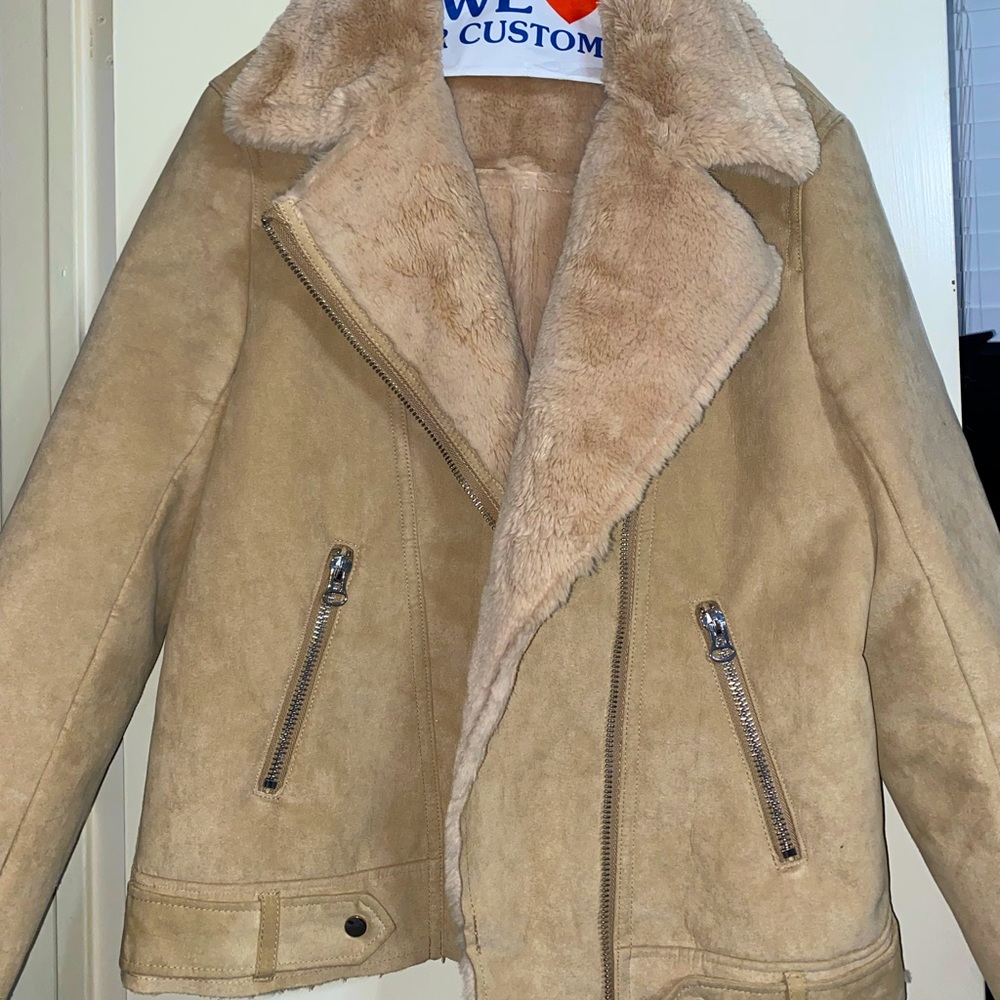 H&M Beige Sued/Faux Fur Lined Biker Jacket